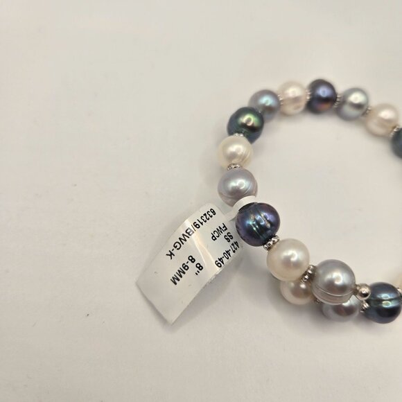 New Freshwater Cultured Pearl Bracelet Bangle Gray Shite Sterling Silver Beaded - Picture 2 of 4